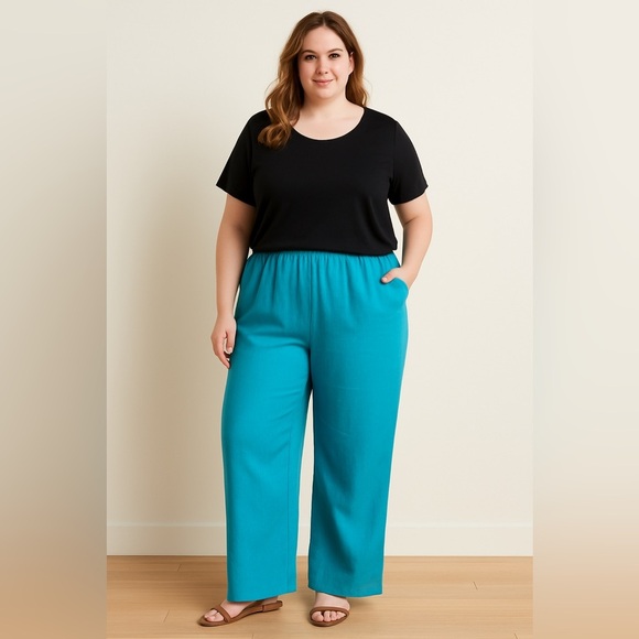 Womens August Max Green Linen Blend Casual Business Pants Elastic Waist NEW 20W - Picture 1 of 7